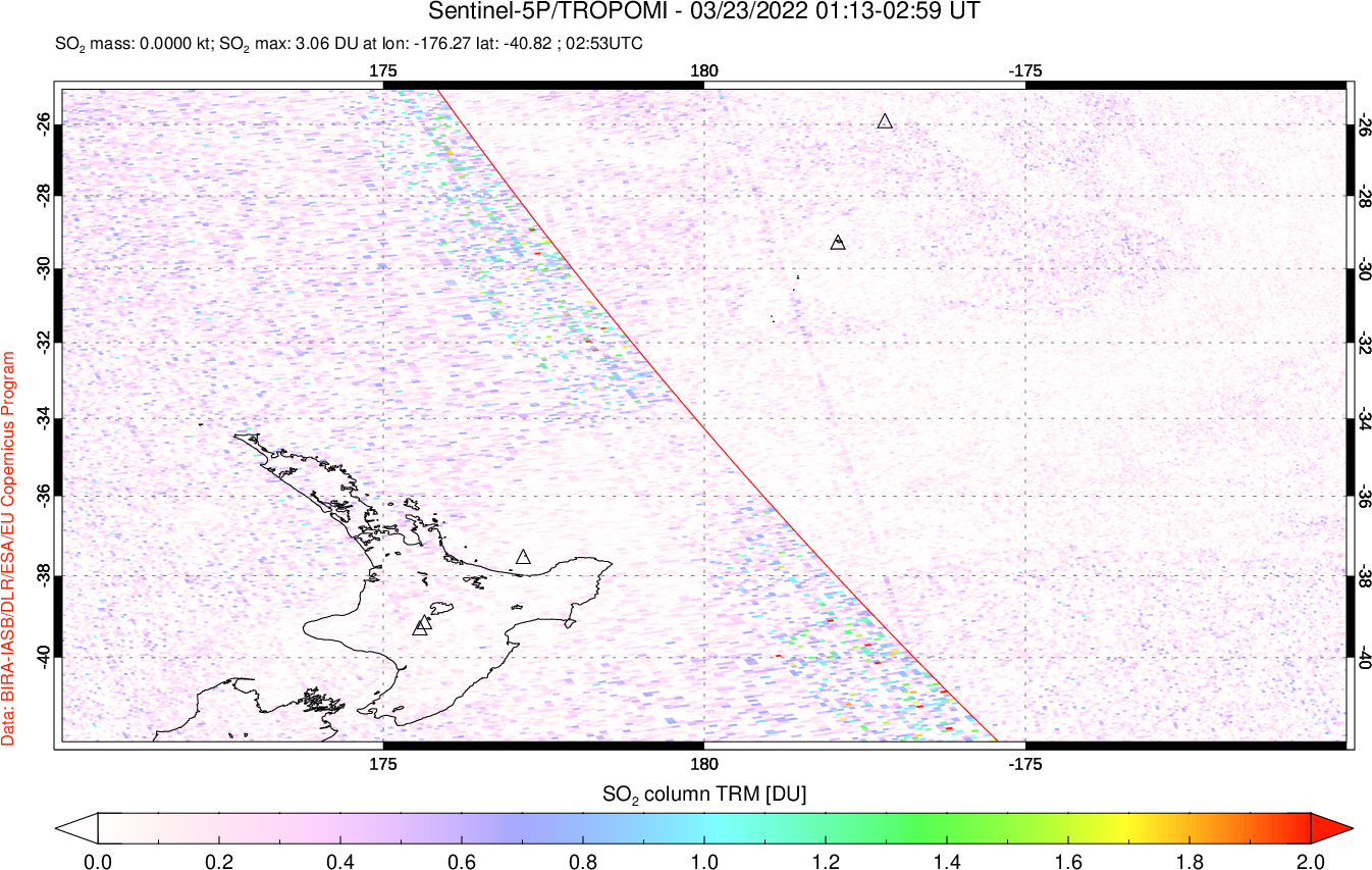 A sulfur dioxide image over New Zealand on Mar 23, 2022.
