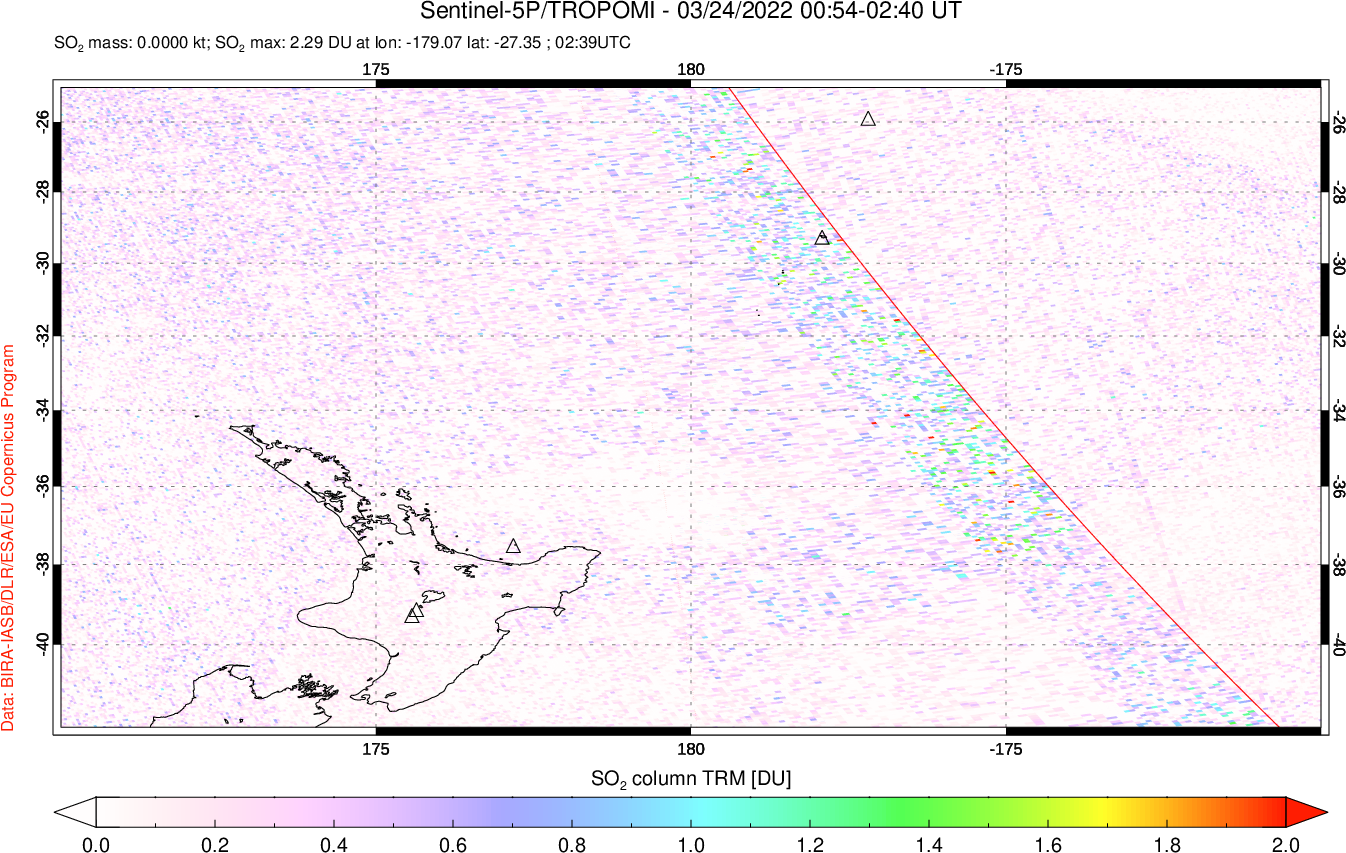 A sulfur dioxide image over New Zealand on Mar 24, 2022.