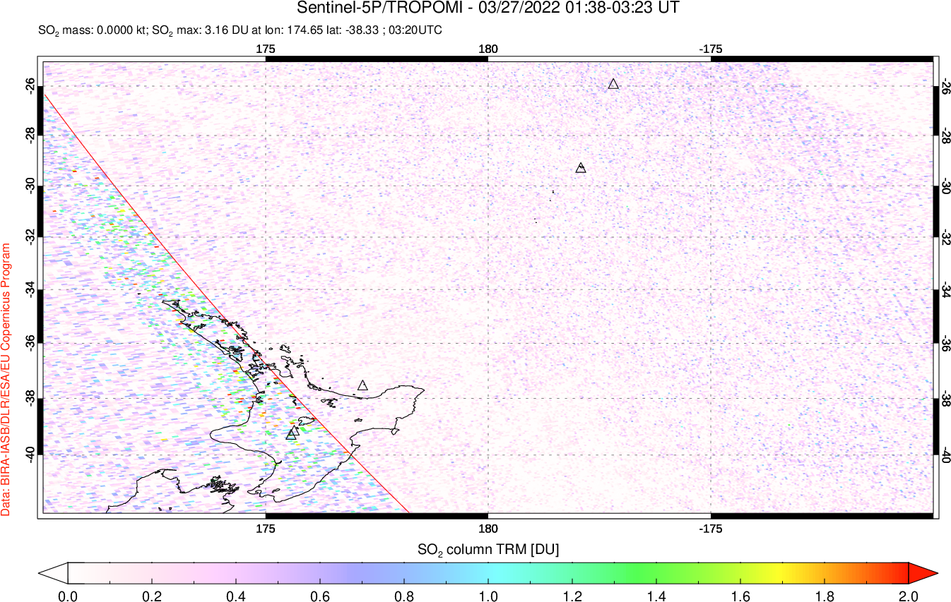 A sulfur dioxide image over New Zealand on Mar 27, 2022.