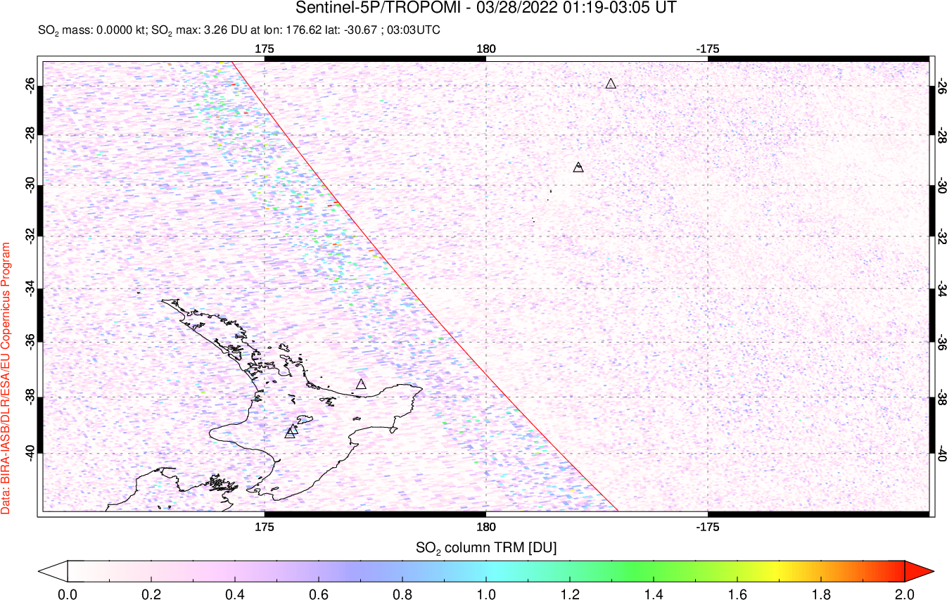 A sulfur dioxide image over New Zealand on Mar 28, 2022.