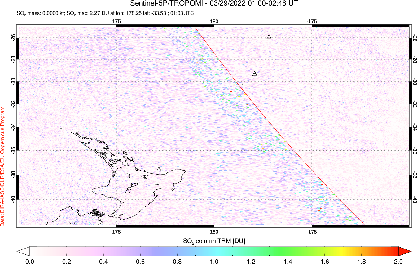 A sulfur dioxide image over New Zealand on Mar 29, 2022.