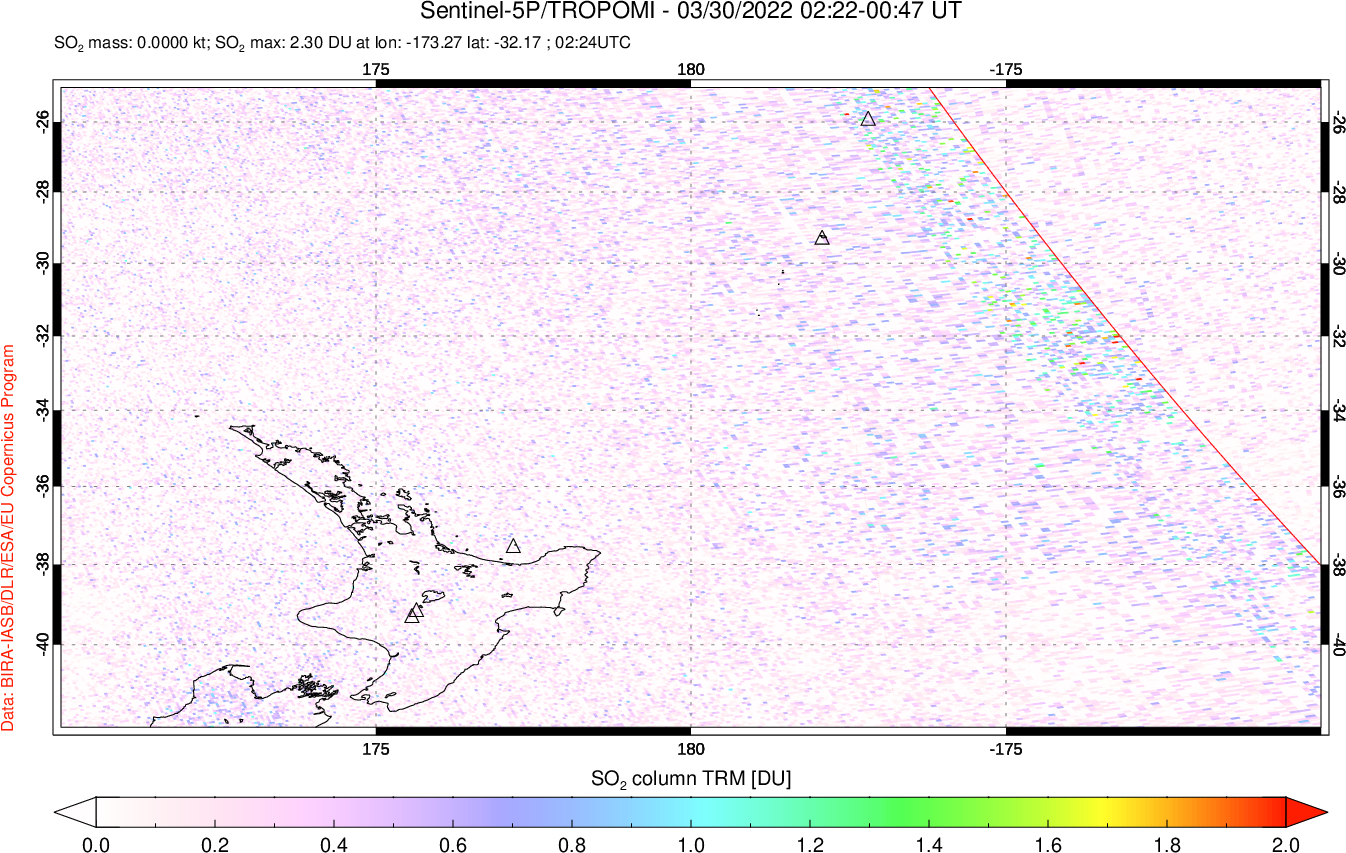 A sulfur dioxide image over New Zealand on Mar 30, 2022.