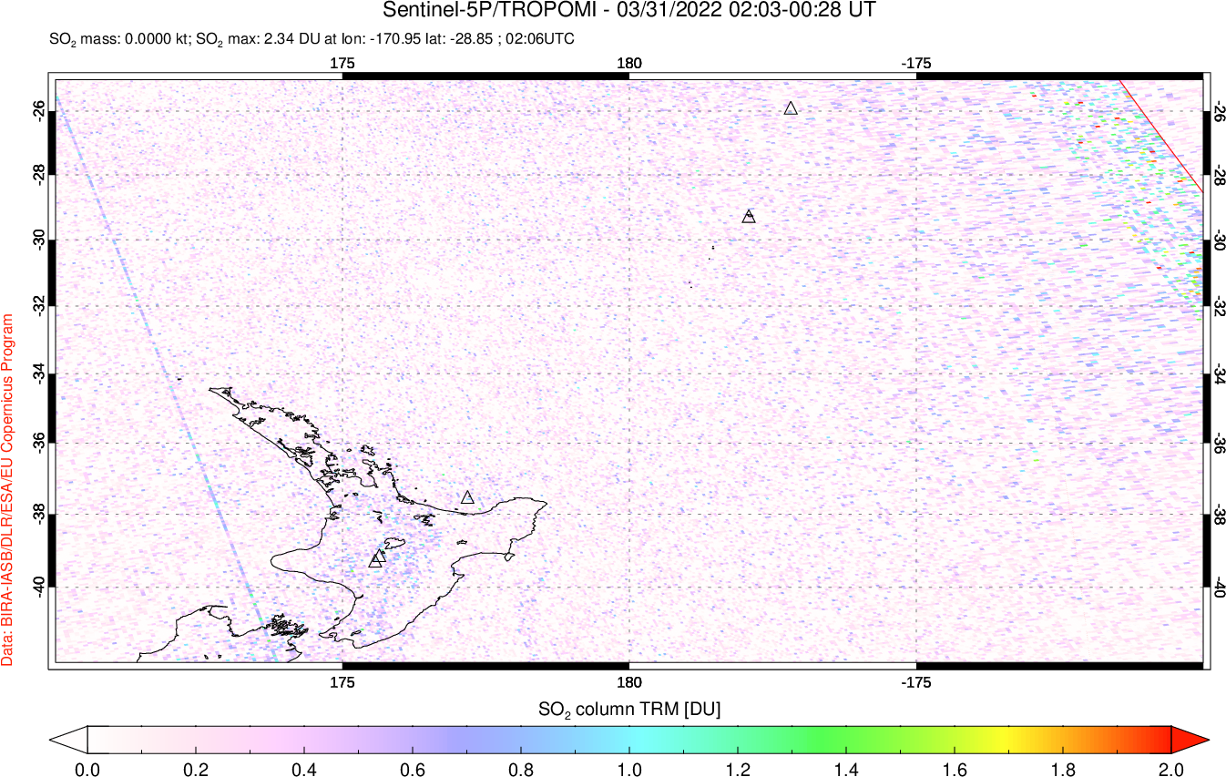 A sulfur dioxide image over New Zealand on Mar 31, 2022.