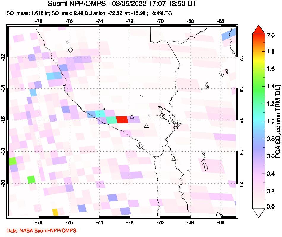 A sulfur dioxide image over Peru on Mar 05, 2022.
