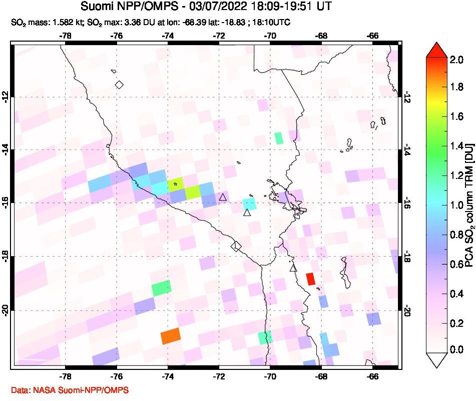 A sulfur dioxide image over Peru on Mar 07, 2022.
