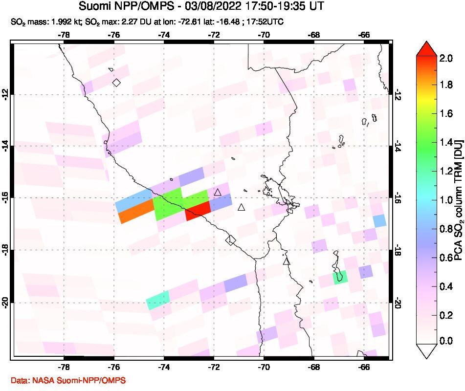 A sulfur dioxide image over Peru on Mar 08, 2022.
