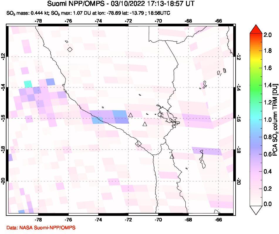 A sulfur dioxide image over Peru on Mar 10, 2022.