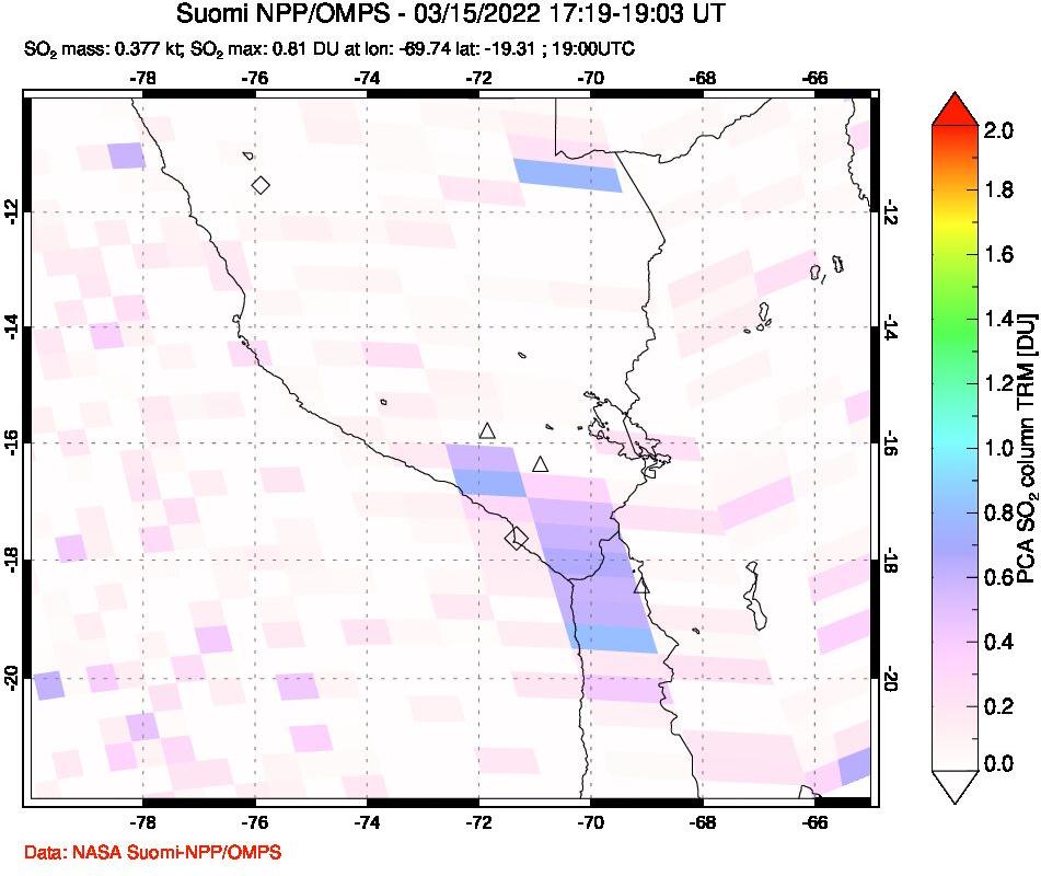 A sulfur dioxide image over Peru on Mar 15, 2022.