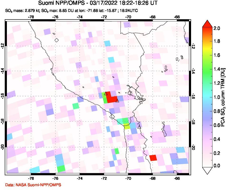A sulfur dioxide image over Peru on Mar 17, 2022.