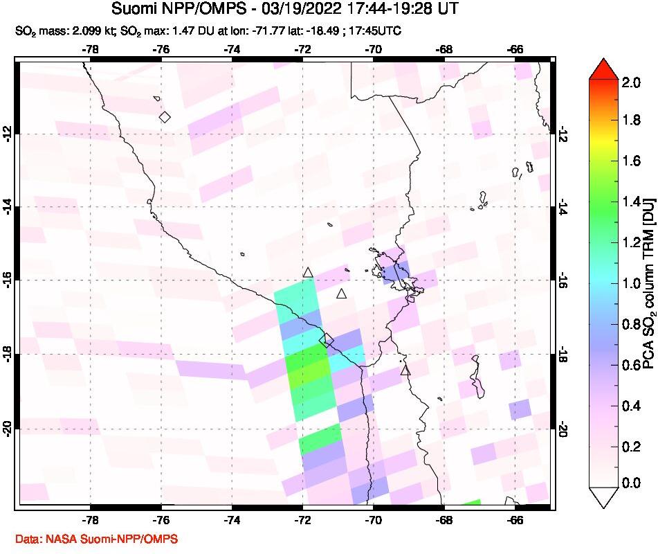 A sulfur dioxide image over Peru on Mar 19, 2022.