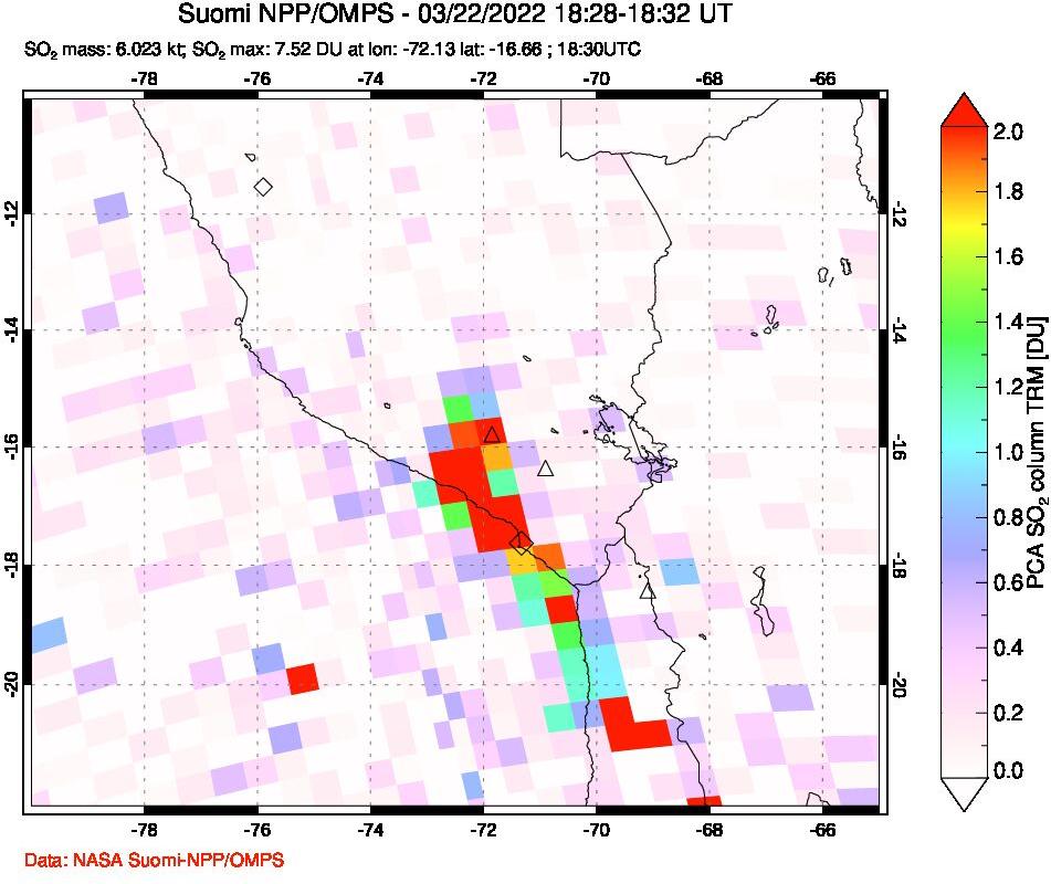 A sulfur dioxide image over Peru on Mar 22, 2022.