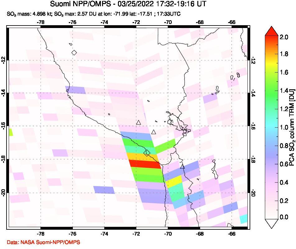A sulfur dioxide image over Peru on Mar 25, 2022.