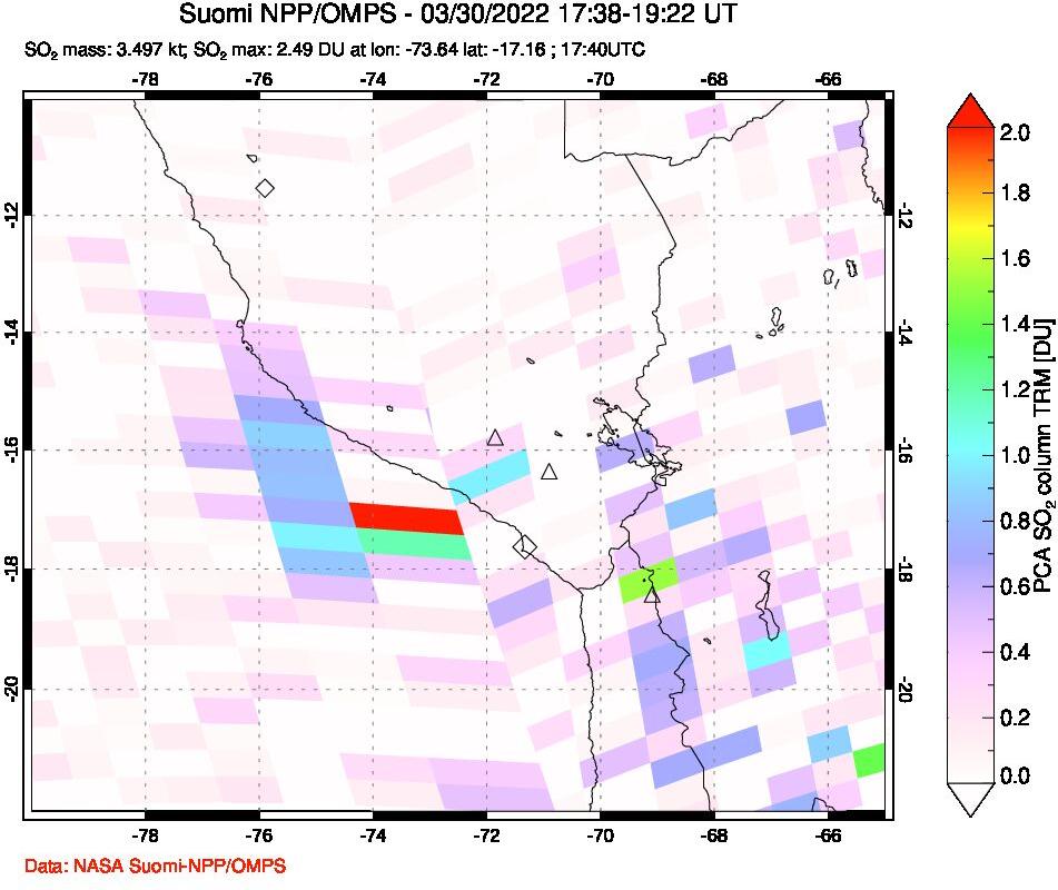 A sulfur dioxide image over Peru on Mar 30, 2022.