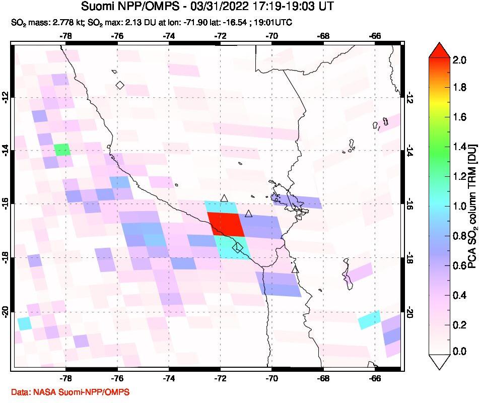 A sulfur dioxide image over Peru on Mar 31, 2022.
