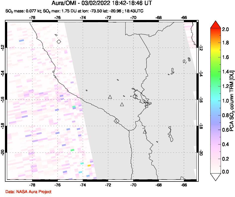 A sulfur dioxide image over Peru on Mar 02, 2022.