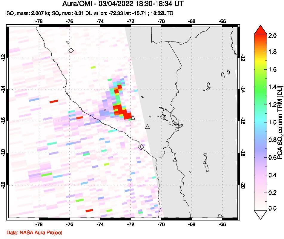 A sulfur dioxide image over Peru on Mar 04, 2022.