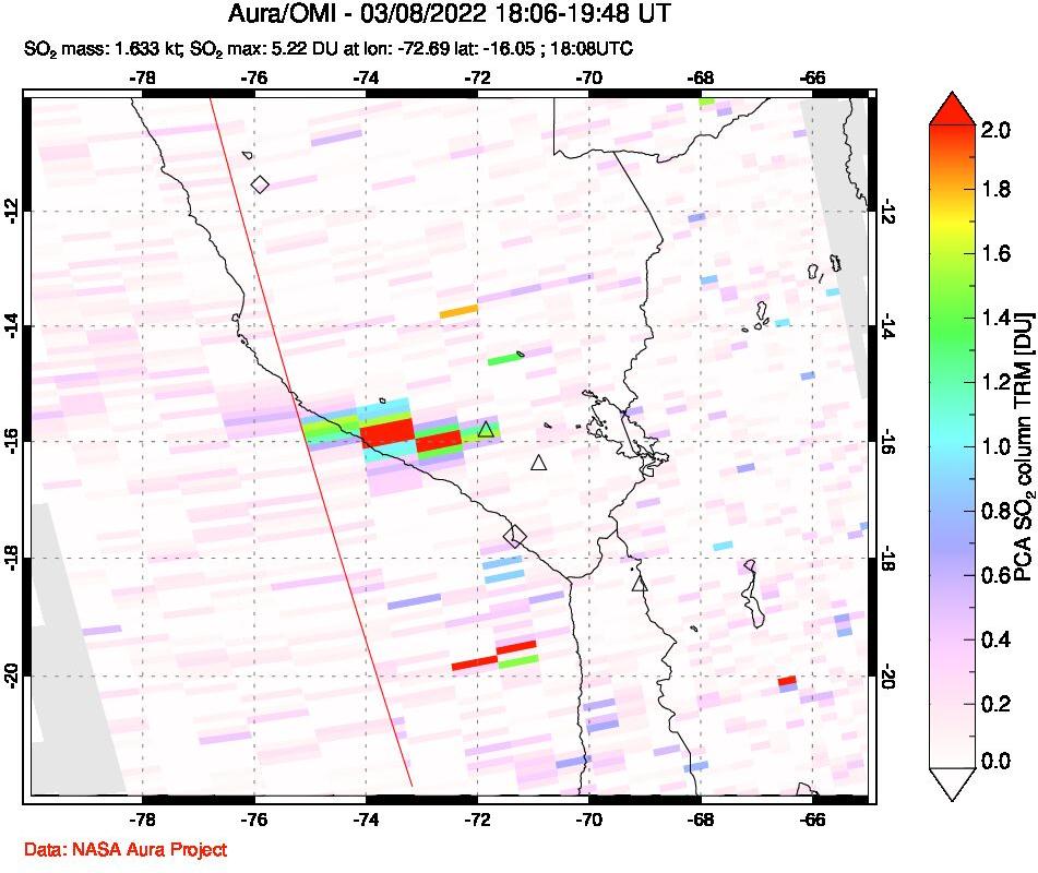 A sulfur dioxide image over Peru on Mar 08, 2022.