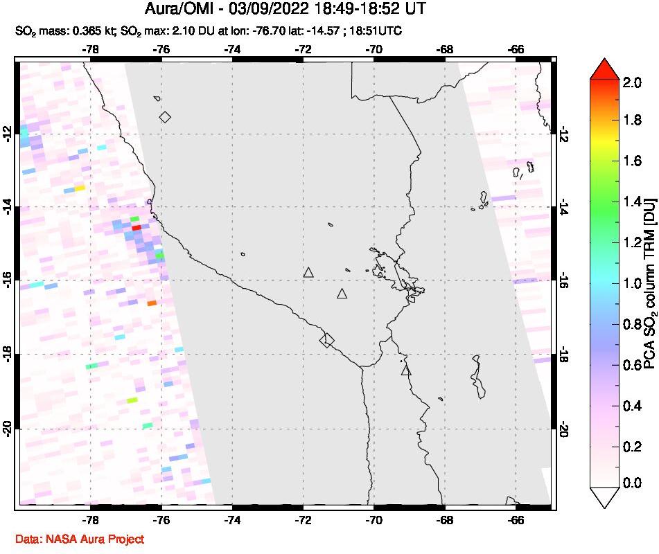 A sulfur dioxide image over Peru on Mar 09, 2022.