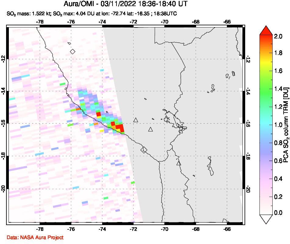A sulfur dioxide image over Peru on Mar 11, 2022.