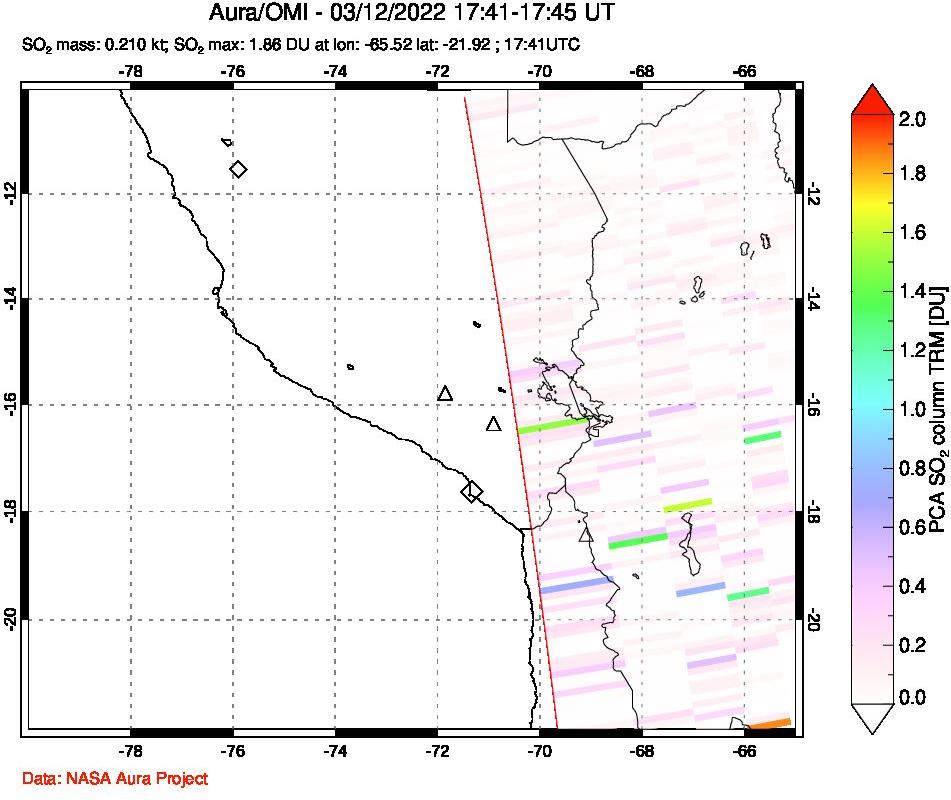 A sulfur dioxide image over Peru on Mar 12, 2022.