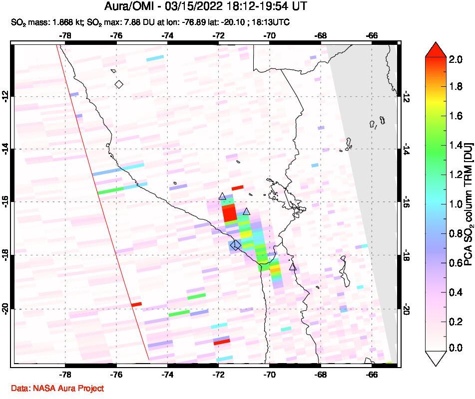A sulfur dioxide image over Peru on Mar 15, 2022.