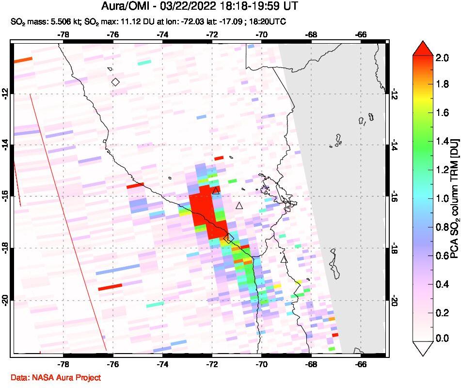 A sulfur dioxide image over Peru on Mar 22, 2022.
