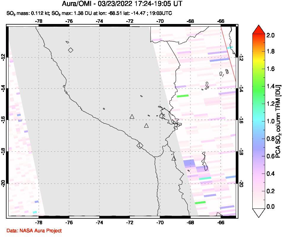A sulfur dioxide image over Peru on Mar 23, 2022.