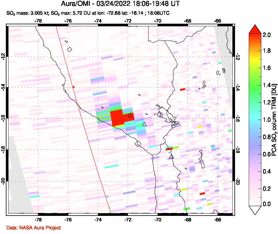 A sulfur dioxide image over Peru on Mar 24, 2022.