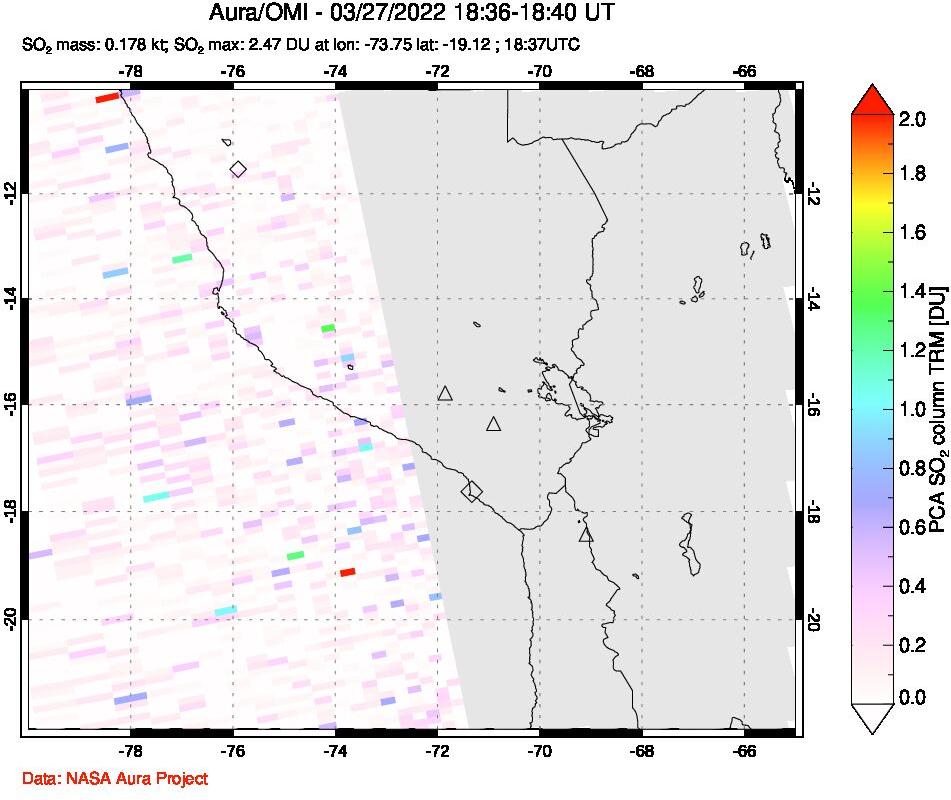 A sulfur dioxide image over Peru on Mar 27, 2022.