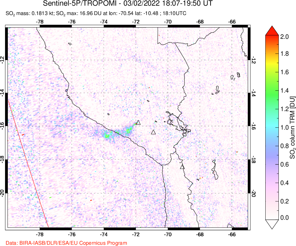 A sulfur dioxide image over Peru on Mar 02, 2022.