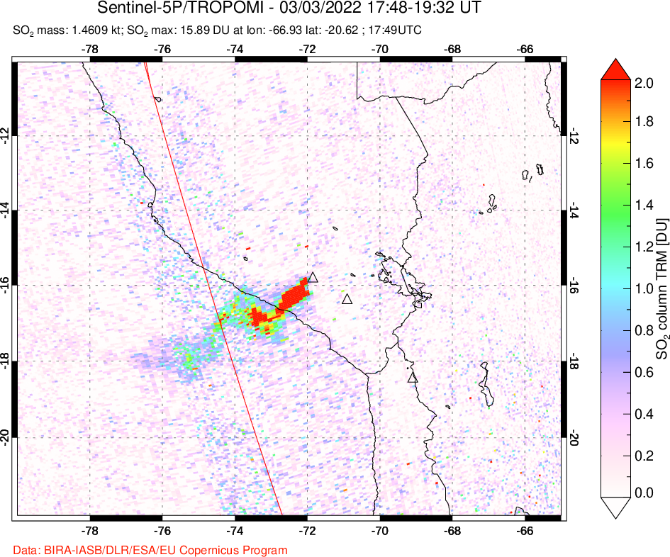 A sulfur dioxide image over Peru on Mar 03, 2022.