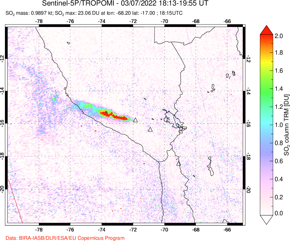 A sulfur dioxide image over Peru on Mar 07, 2022.