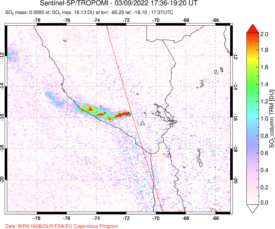 A sulfur dioxide image over Peru on Mar 09, 2022.