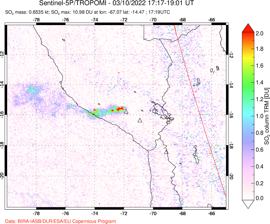 A sulfur dioxide image over Peru on Mar 10, 2022.