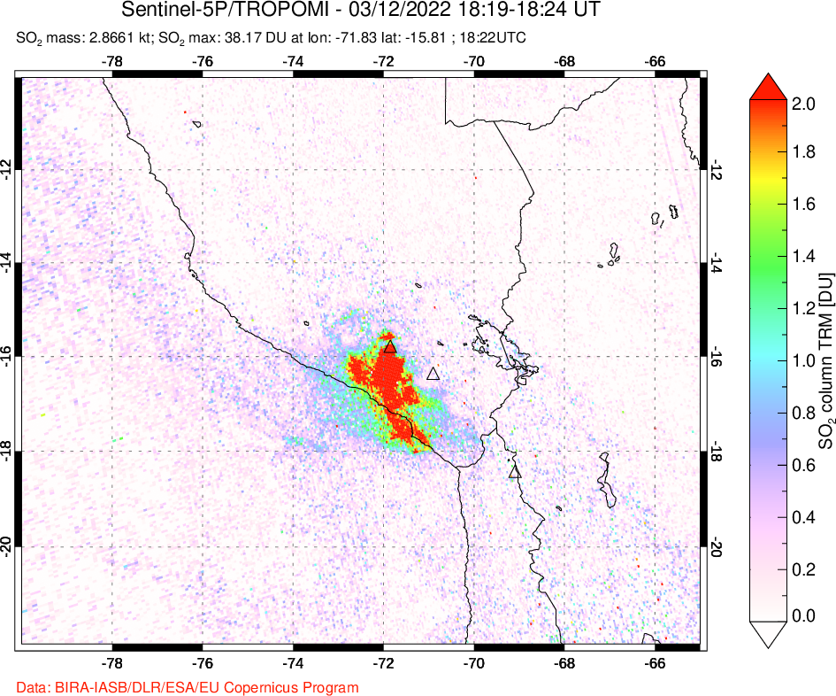 A sulfur dioxide image over Peru on Mar 12, 2022.