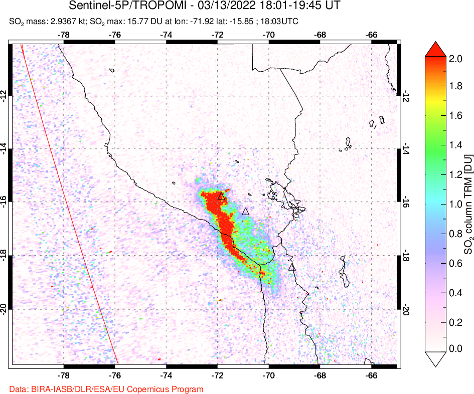 A sulfur dioxide image over Peru on Mar 13, 2022.