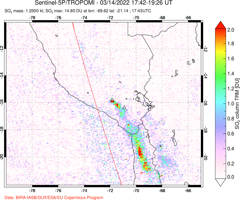 A sulfur dioxide image over Peru on Mar 14, 2022.