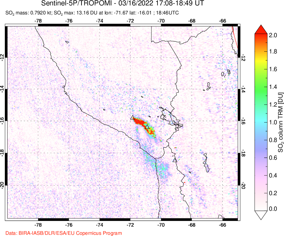 A sulfur dioxide image over Peru on Mar 16, 2022.