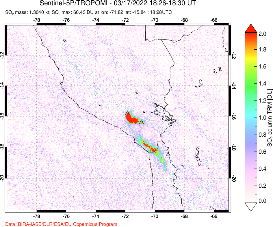 A sulfur dioxide image over Peru on Mar 17, 2022.