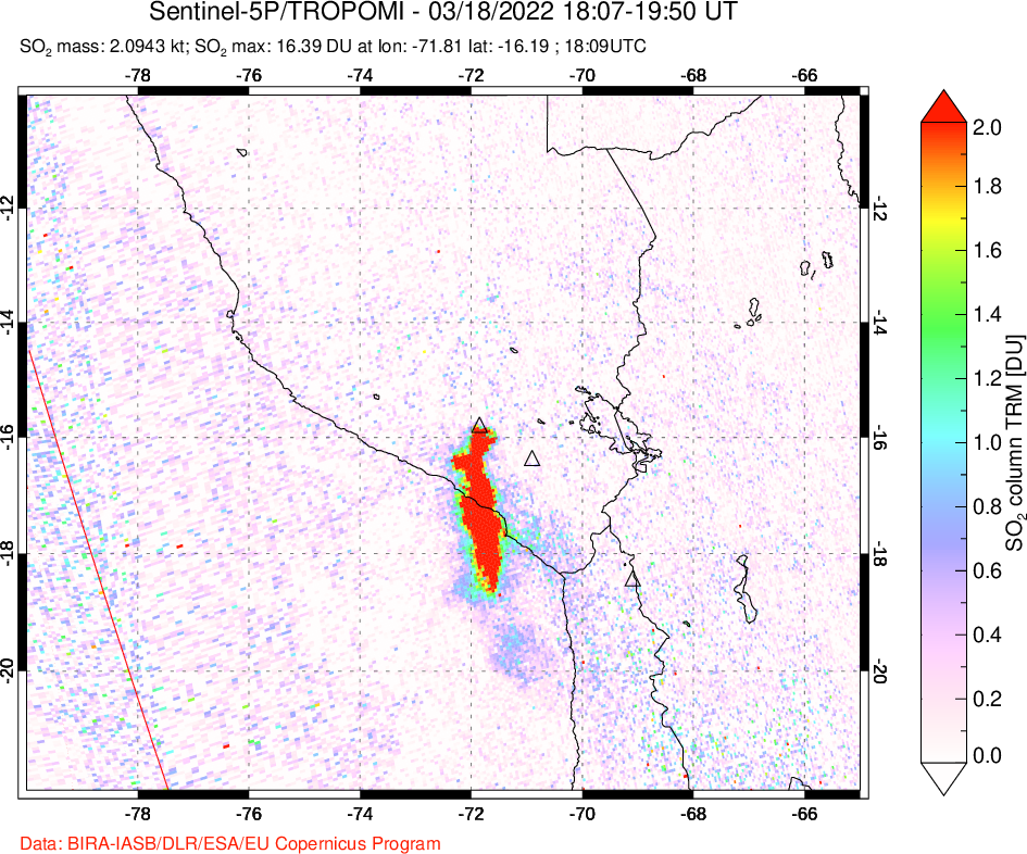 A sulfur dioxide image over Peru on Mar 18, 2022.