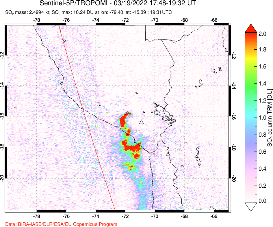 A sulfur dioxide image over Peru on Mar 19, 2022.