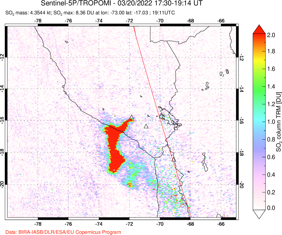 A sulfur dioxide image over Peru on Mar 20, 2022.