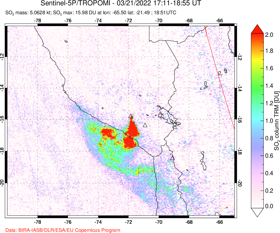A sulfur dioxide image over Peru on Mar 21, 2022.