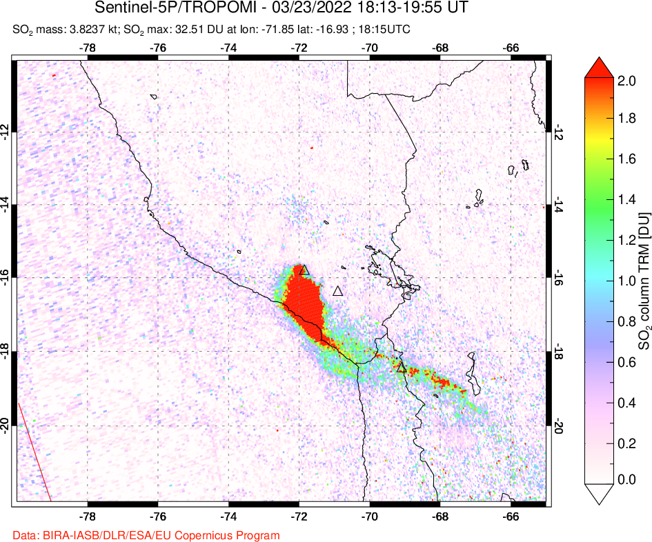 A sulfur dioxide image over Peru on Mar 23, 2022.