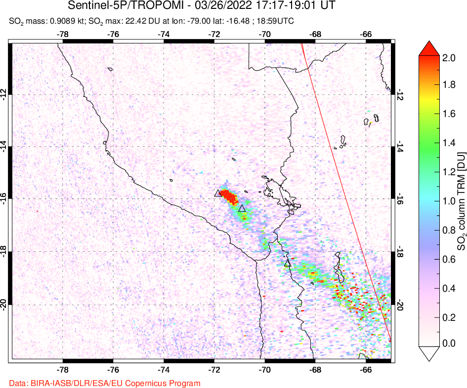 A sulfur dioxide image over Peru on Mar 26, 2022.