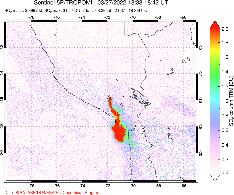 A sulfur dioxide image over Peru on Mar 27, 2022.