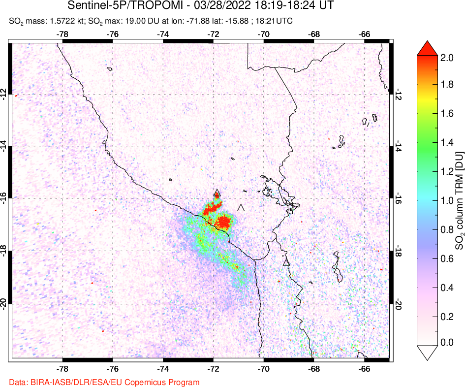 A sulfur dioxide image over Peru on Mar 28, 2022.