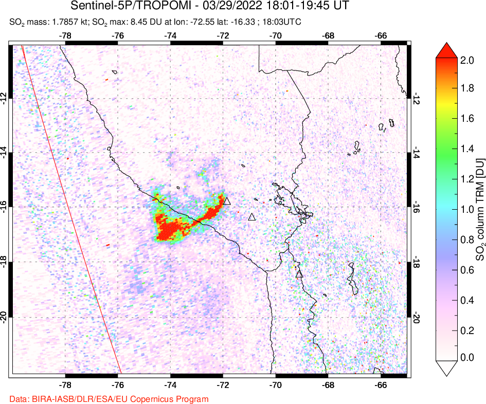 A sulfur dioxide image over Peru on Mar 29, 2022.