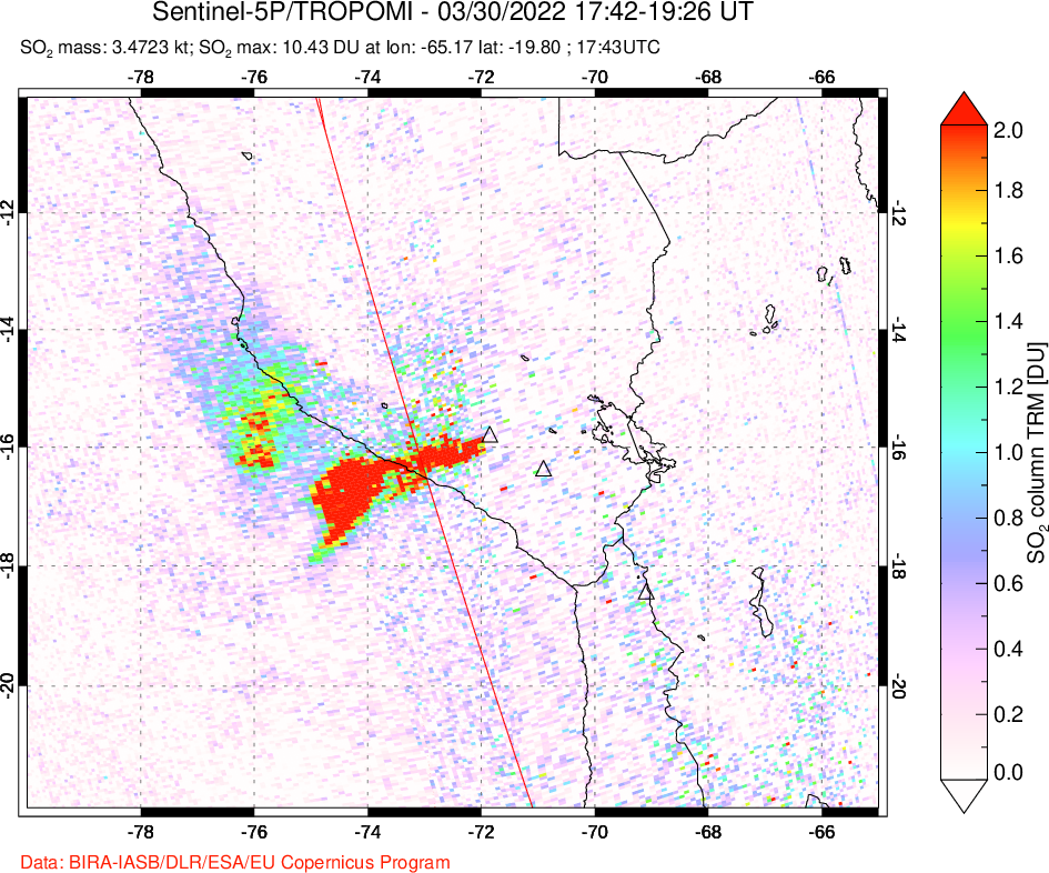 A sulfur dioxide image over Peru on Mar 30, 2022.
