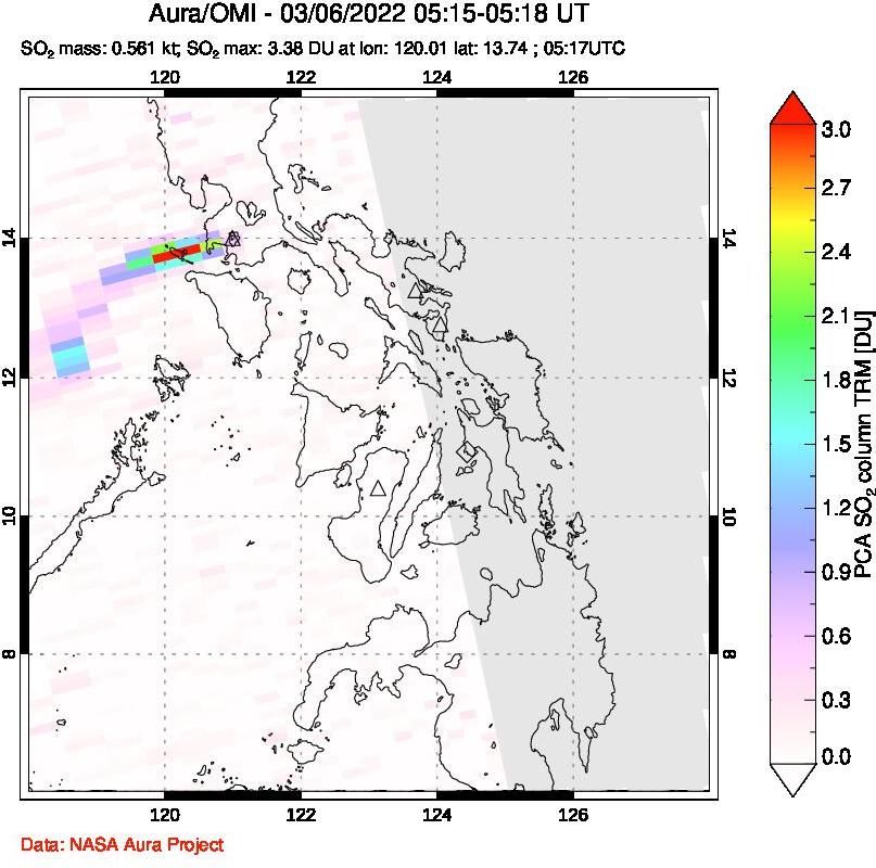 A sulfur dioxide image over Philippines on Mar 06, 2022.